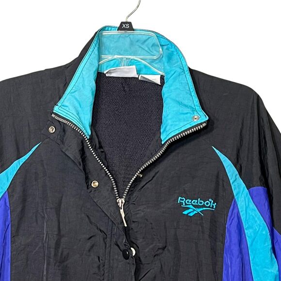 Vintage Reebok Jacket Womens Large Black Purple Blue Windbreaker 90s Track Coat - Picture 11 of 13